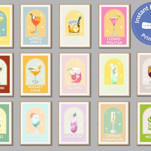 Classic Cocktail Print Set of 14, Colorful Retro Bar Cart Art, Alcohol Printable, Drinking Wall Decor, Download and Print, Cocktail Poster