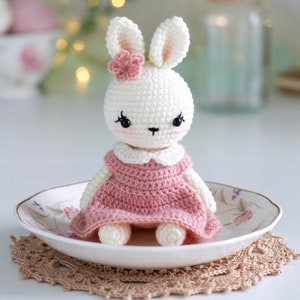 May include: A white crocheted bunny wearing a pink dress with a white collar. The bunny has black eyes and a pink nose. The bunny is sitting on a white plate with a floral design.