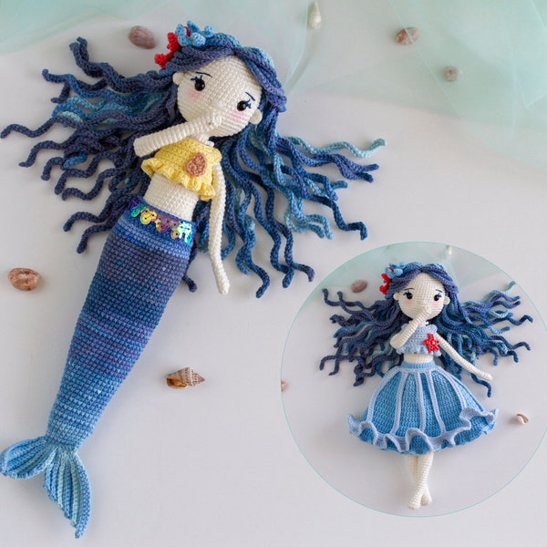 Crochet pattern mermaid doll with a removable tail and a blue top and two-tiered skirt. Crochet pattern cute mermaid doll.