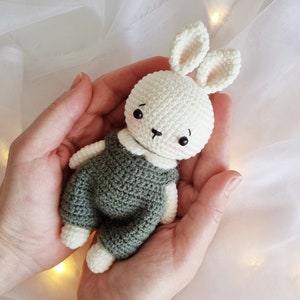 Little bunny crochet pattern toy in green jumpsuit. Amigurumi bunny crochet PDF pattern. Rabbit in jumpsuit.