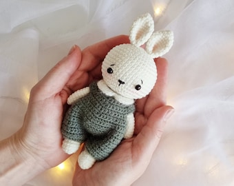 Little bunny crochet pattern toy in green jumpsuit. Amigurumi bunny crochet PDF pattern. Rabbit in jumpsuit.