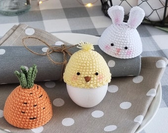 Easter crochet pattern decor. Decor for easter eggs. Pattern Easter hats for eggs. Bunny, Carrot, Chick hats crochet.