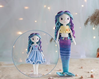 Finished crochet mermaid doll with a removable tail and blue dress with two-tiered skirt. Crochet mermaid doll.