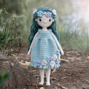 Mavka crochet pattern. Forest doll in a dress with flowers and a floral wreath PDF.