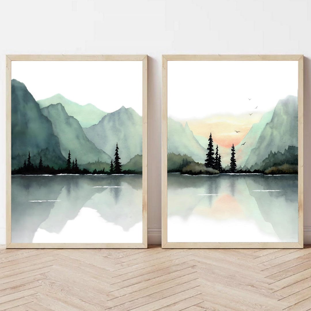 Mountain Lake Set of 2 Watercolor Painting Minimalist Art Print 24x36 ...