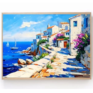Santorini Painting Greece Wall Art Greek Island Landscape Mediterranean Wall Art Travel Poster Cityscape PRINT from Original Oil Painting