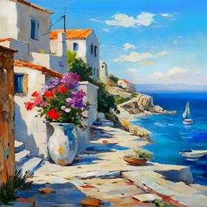 Santorini Painting Greece Art Greek Island Landscape Mediterranean Wall Art Travel Poster Cityscape PRINT from Original Oil Painting