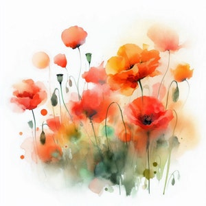 Poppy watercolor Wildflowers painting Flowers wall art Poppy art print California poppy Orange poppies artwork Poppies poster 18x18&quot;