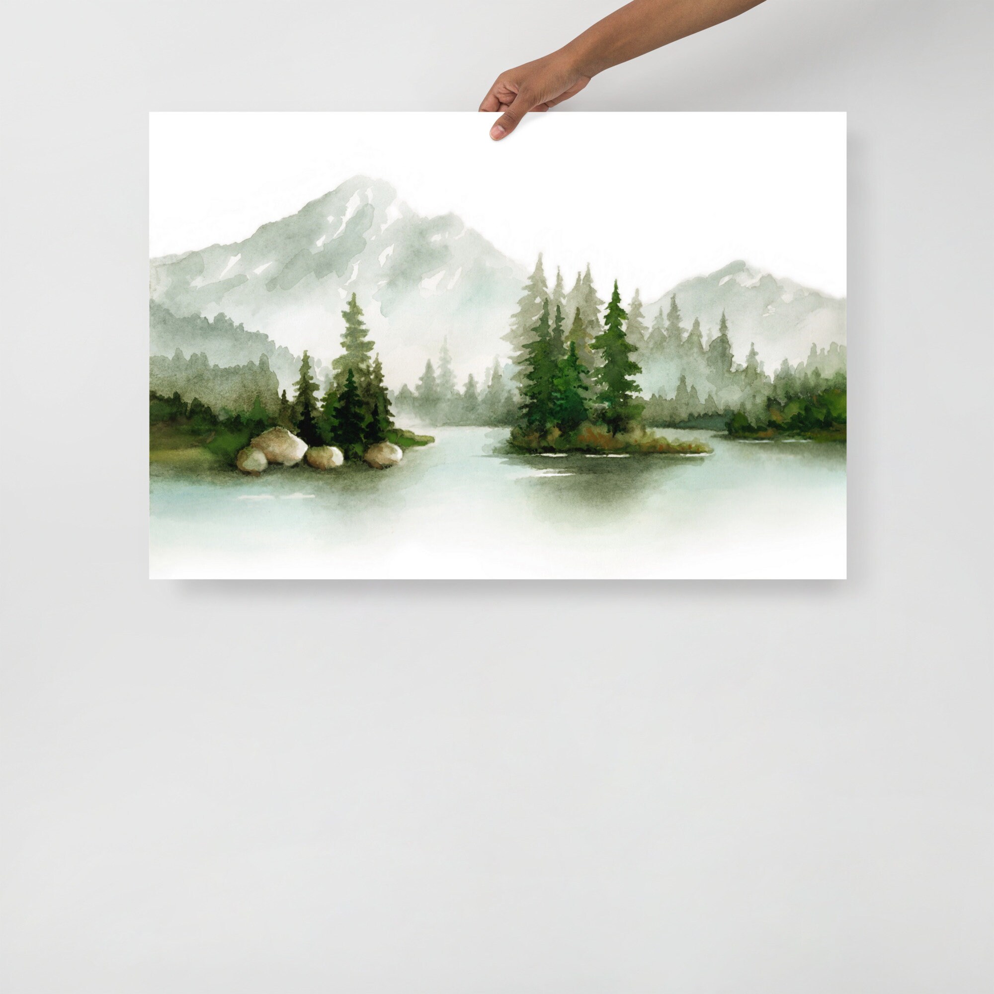 Mountain Lake Watercolor Pine Tree Painting Large Print Giclee 24x36 - Etsy