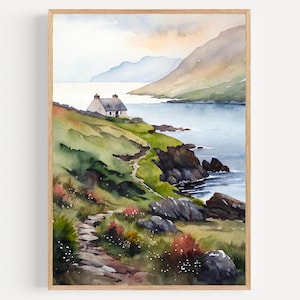 Ireland Painting Irish Coastal Cottage Poster Watercolor Ireland Landscape Irish  Wall Art PRINT from an Watercolor Painting