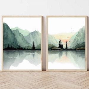 Mountain lake Set of 2 watercolor painting Minimalist art print 24x36"