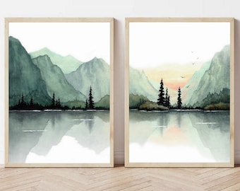 Lago de montaña Conjunto de 2 pinturas de acuarela Impresión de arte minimalista 24x36"