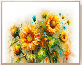 Sunflower painting Impasto Textured oil painting Wildflowers Textured wall art Sunflowers art print Sunflower poster