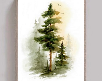 Pine tree painting Christmas forest print Watercolor evergreen trees Pine trees art print Neutral green wall art Poster  24x36"