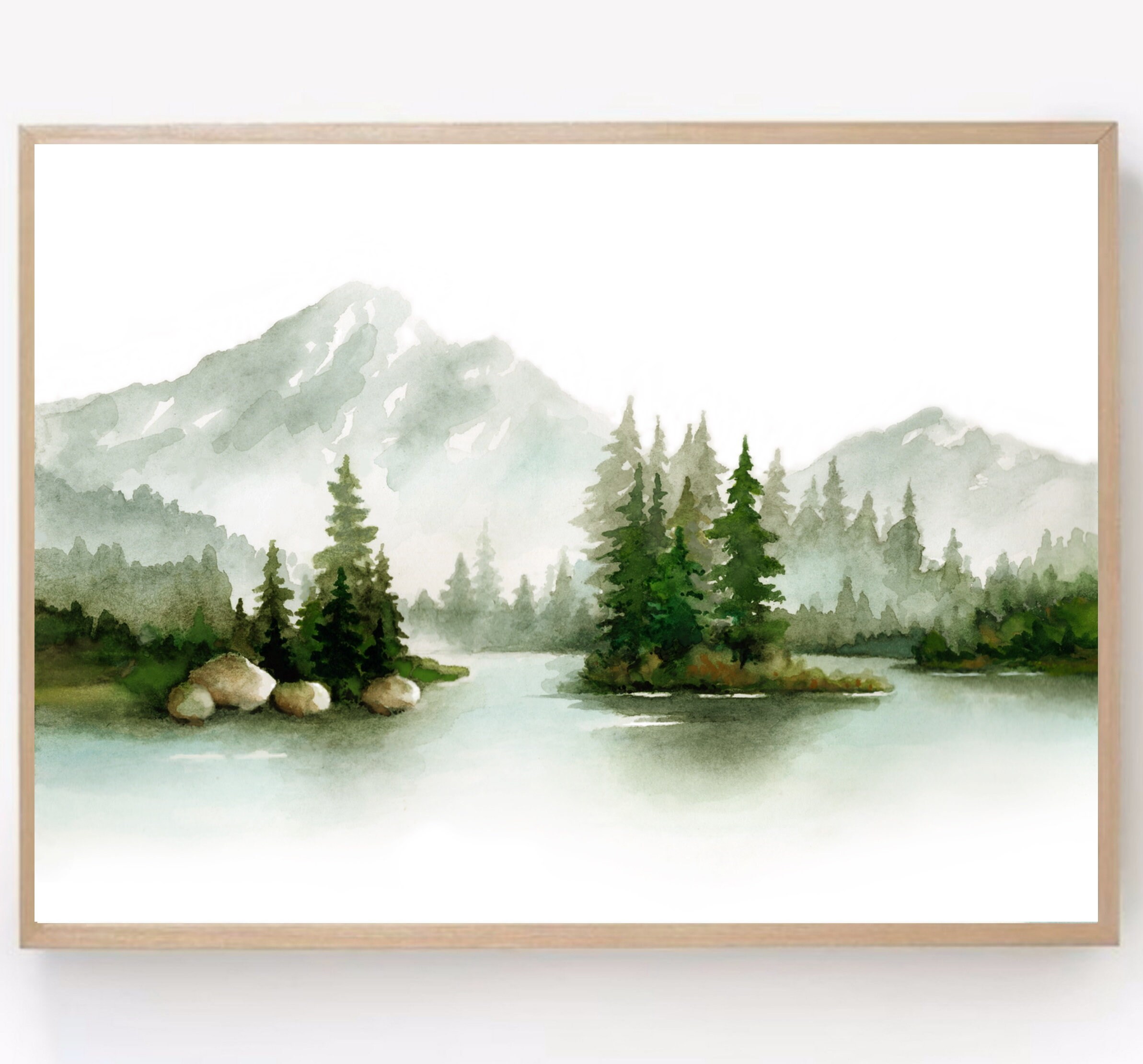 Mountain Lake Watercolor Pine Tree Painting Large Print Giclee 24x36 - Etsy