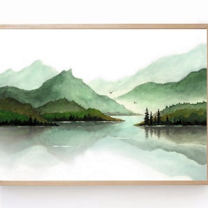 Mountain lake Green watercolor painting Minimalist art print Mountain landscape poster Green lake wall art Poster 24x36&quot;