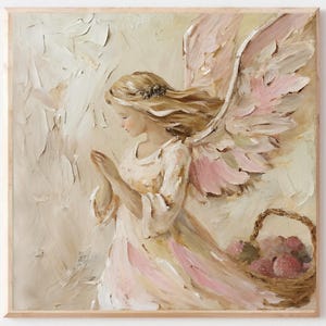Angel Painting Guardian Angel Art Print Angel Wings Religious Wall Art Pink Beige Poster Pink Nursery Decor PRINT from Original Oil Painting