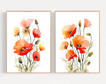 Poppy watercolor Wildflower painting Minimalist floral wall art Set of 2 art prints California poppy Poppies painting Red poppy poster