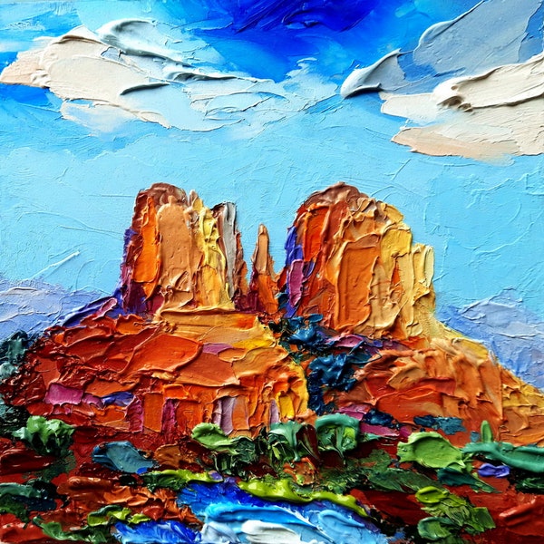 Sedona Painting Arizona Cathedral Rock Textured mountain landscape Oil impasto Red mountains art print Red Rocks Poster 18x18"