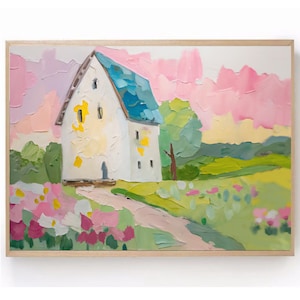 House Painting Naive Art Pink Nursery Wall Art Naive Landscape House Artwork Girl Room Wall Art PRINT from Original Oil Painting