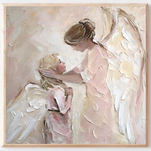 Angel Oil Painting Guardian Angel Print Angel Wings Religious Wall Art Pink Beige Poster Pink Nursery Decor PRINT from Original Oil Painting