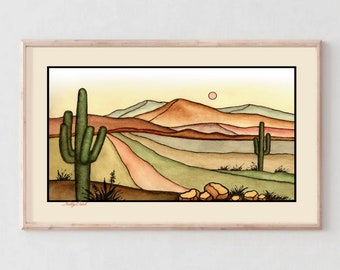 Saguaro Large watercolor painting Beige Narrow horizontal poster Desert landscape print