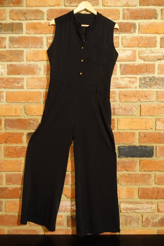 70's wide legged black sleeveless jumpsuit