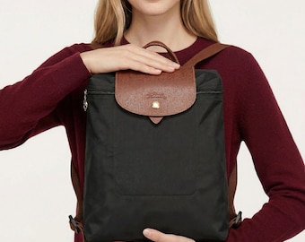 Vintage Anthrazit Longchamp Le Pliage Rucksack, Nylon-Leder Rucksack, Reisetasche