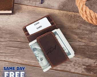 Personalized Leather Money Clip Wallet: Engraved Slim Card Holder, Minimalist Gift for Dad