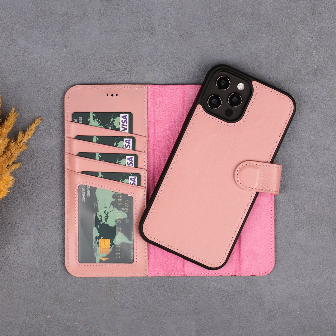 Pink Leather iPhone 15 Wallet Case, Leather Case for iPhone 14 13