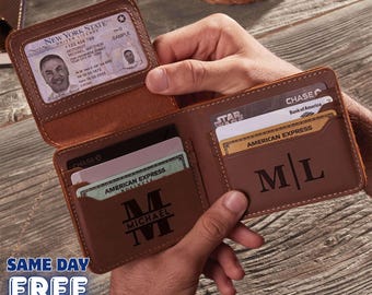 Carteira de couro personalizada com RFID, carteira de couro genuíno gravada, presente de aniversário para ele, marido, namorado, homem, pai.