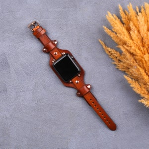 Slim Leather Apple Watch Band, Women Light Brown Gold Apple Watch Strap 49mm 45mm 38mm 40mm 42mm 44mm for iWatch series SE 7 6 Gift for her