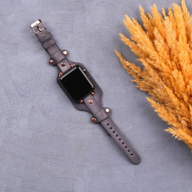 Slim Leather Apple Watch Band Women Light Brown Gold Apple Etsy