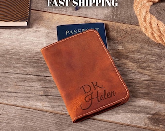 Personalized Leather Passport Cover for Doctors: Custom Engraved Travel Wallet, Monogram Passport Holder for Trips
