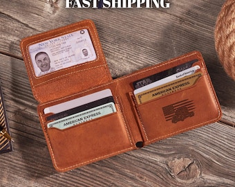 Personalized Leather Wallet for Men: Custom Engraved Wallet for Drivers, Trifold Wallet, Credit Card Holder