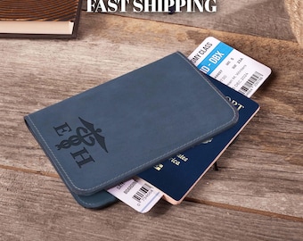 Personalized Leather Passport Holder: Custom Travel Document Case with Doctors Name, Monogram Passport Cover for Him