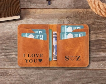 Custom Handmade Leather Bifold Wallet: Personalized Front Pocket Card Holder, Christmas Presents