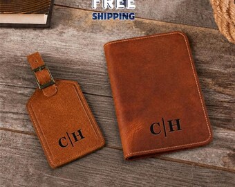 Personalized Leather Passport Holder & Luggage Tag Set: Custom Luggage Tag Graduation Travel Gifts for Him/Her
