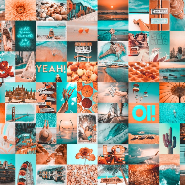 70 PCS Blue Orange Photo Collage Kit Room Décor Orange Teal Dorm Décor Wall Art Tezza Teen Room (DIGITAL DOWNLOAD)