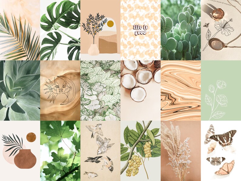 May include: A collage of 12 images featuring various nature-inspired designs. The images include plants, flowers, coconuts, butterflies, and abstract patterns in shades of green, brown, and white. The text "life is good" is featured in one of the images.