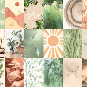 May include: A collage of images with a green, brown, and orange color scheme. The images include plants, flowers, cacti, a sun, a butterfly, and text that says "Good Vibes" and "Simplicit&eacute;."
