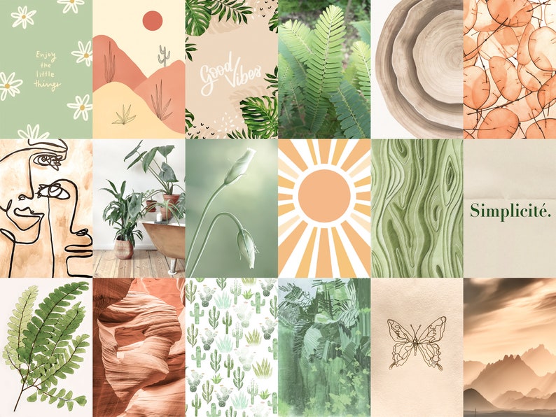 May include: A collage of images with a green, brown, and orange color scheme. The images include plants, flowers, cacti, a sun, a butterfly, and text that says "Good Vibes" and "Simplicit&eacute;."