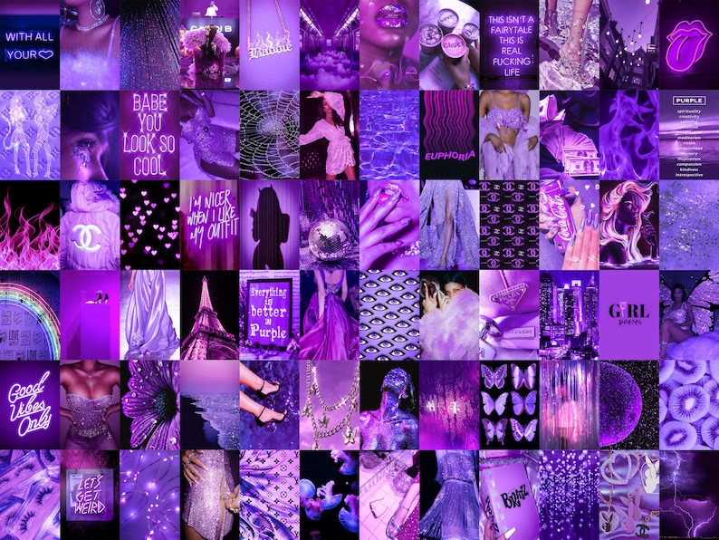 May include: A collage of images in shades of purple, featuring text, fashion, and abstract designs. The text includes phrases like "Babe you look so cool", "Everything is better in purple", and "Let's get weird". The images include a woman wearing a purple dress, a pair of high heels, a butterfly, and a cityscape.