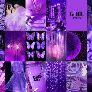 May include: A purple aesthetic mood board with images of butterflies, cityscapes, glitter, and a woman wearing a sparkly outfit. The text "GIRL power" is featured on one of the images.