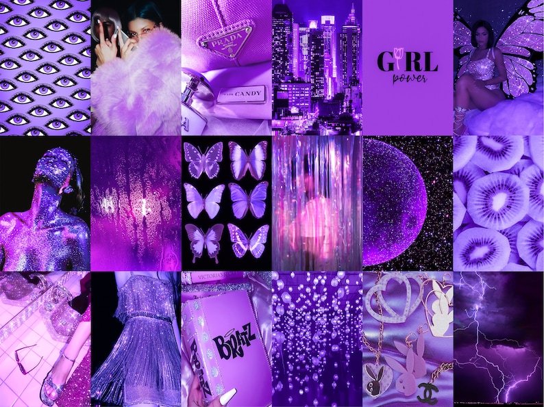 May include: A purple aesthetic mood board with images of butterflies, cityscapes, glitter, and a woman wearing a sparkly outfit. The text "GIRL power" is featured on one of the images.