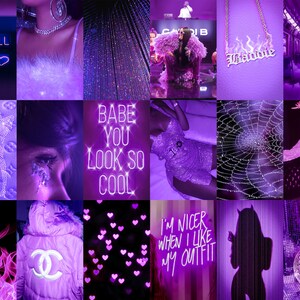 May include: A collage of images in shades of purple and pink. The images include a woman wearing a sparkly dress, a neon sign that says "Babe You Look So Cool", a spiderweb, a disco ball, and a heart with the text "With All Your".
