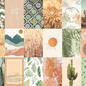 May include: A collage of 16 images with a nature theme. The images include plants, flowers, landscapes, and abstract designs in shades of green, brown, and orange.