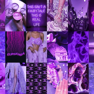 May include: A purple aesthetic mood board with images of a woman's lips, a pool, a woman in a purple outfit, a stack of money, fire, a woman's hand with glitter, a woman in a dress, a Chanel logo, a Coca-Cola can, a woman's hand with glitter, a woman with purple hair, and glitter. The text "This isn't a fairytale this is real life" and "EUPHORIA" are also included. The word "PURPLE" is at the top of the board with a list of words associated with the color purple.