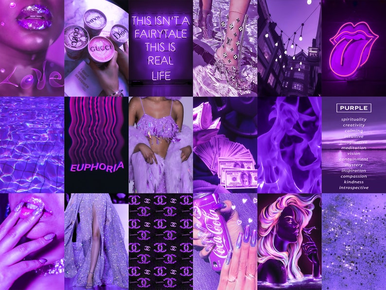 May include: A purple aesthetic mood board with images of a woman's lips, a pool, a woman in a purple outfit, a stack of money, fire, a woman's hand with glitter, a woman in a dress, a Chanel logo, a Coca-Cola can, a woman's hand with glitter, a woman with purple hair, and glitter. The text "This isn't a fairytale this is real life" and "EUPHORIA" are also included. The word "PURPLE" is at the top of the board with a list of words associated with the color purple.