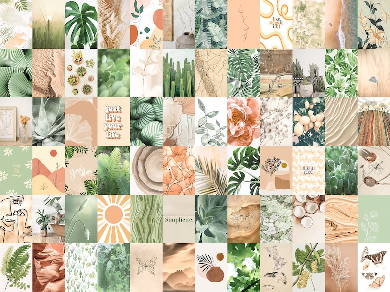 May include: A collage of 49 images featuring a green and brown color scheme. The images include various plants, leaves, flowers, and abstract designs. Some images have text, such as "Just live your life" and "Good vibes".